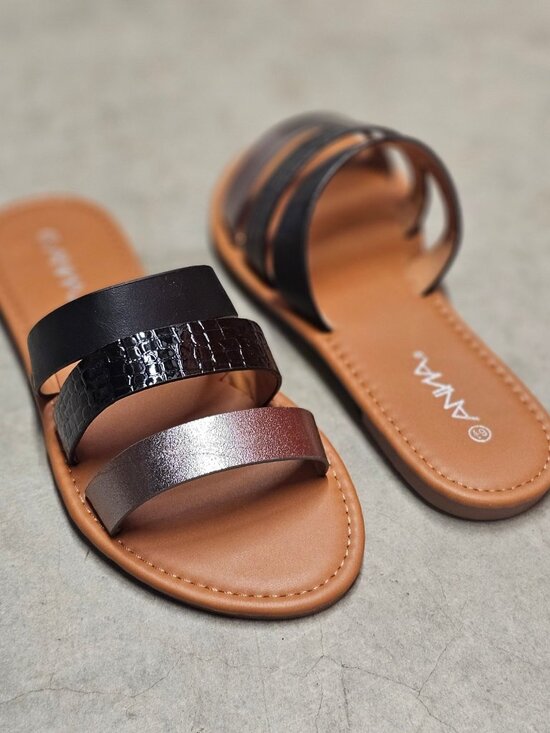 Shoes - Womens Multi-Strap Slide Sandals With Faux Leather In Black Metallic & Croc-Embo